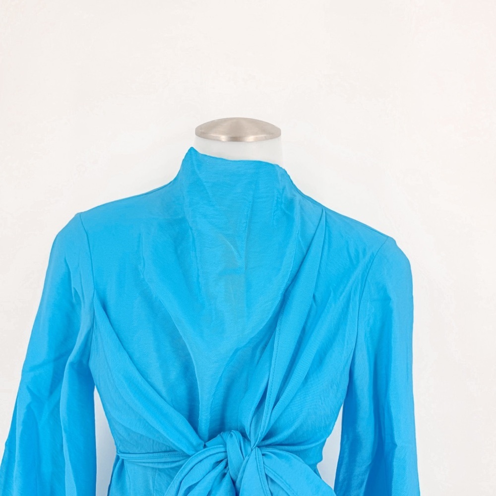 ASOS DESIGN high neck maxi dress with wrap waist and fluted sleeve in turquoise - Picture 6 of 12